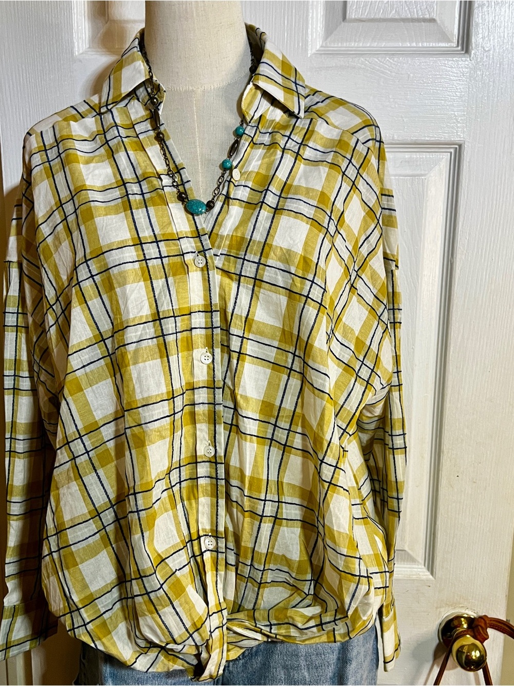 New Easel Wms Yellow Navy Stitched Knit Cotton Textured Twist Hem Plaid Shirt S - Picture 2 of 10